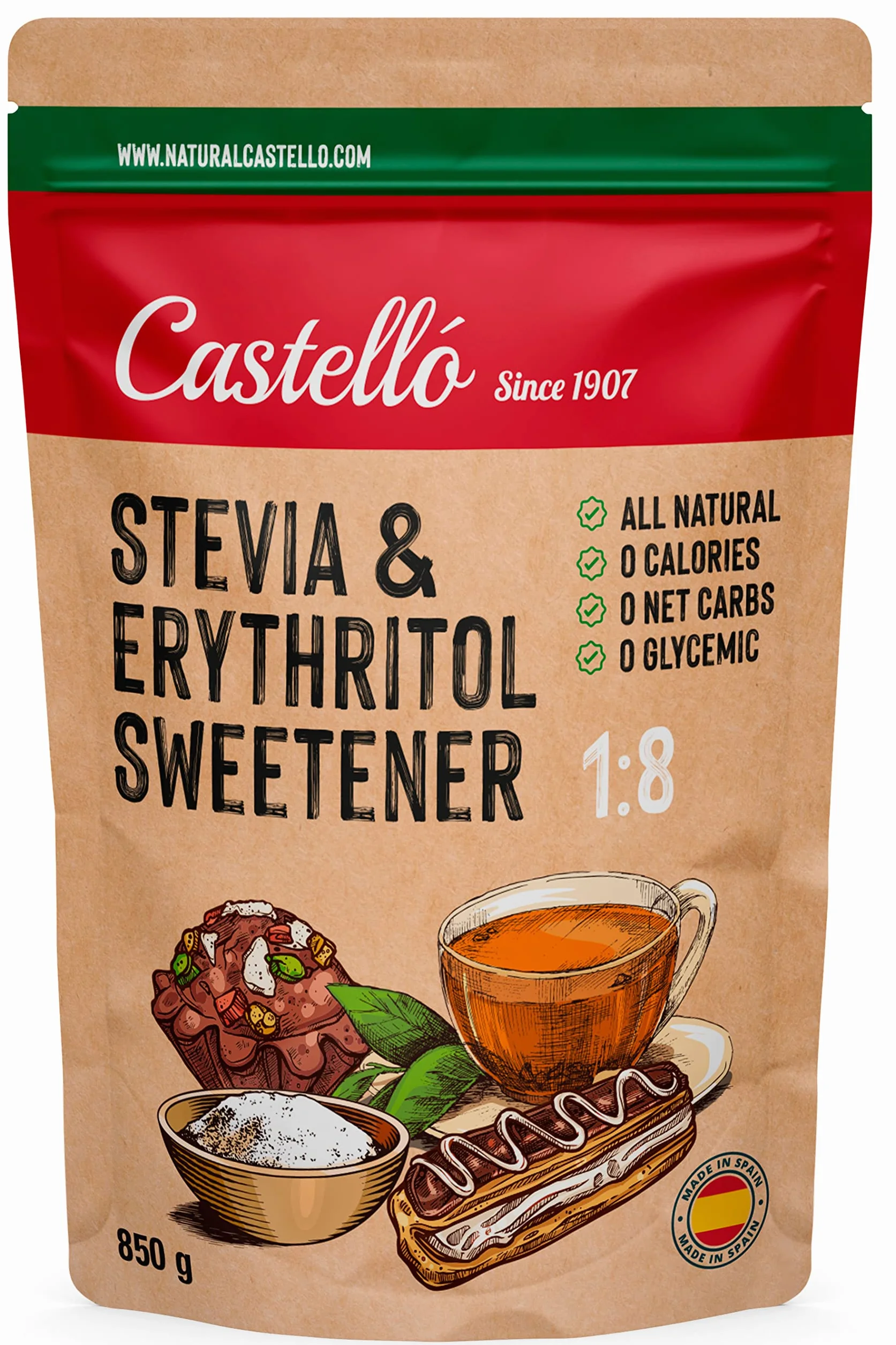 Castello since 1907 Stevia & Erythritol 1:8- Édulcorant 850 g | 1g = 8g de Sucre, Goût 100% Naturel, 0 Calories, 0 Indice Glycémique, Keto et Paleo