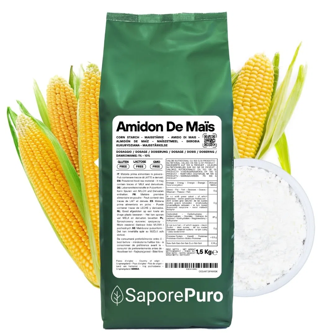 SaporePuro Amidon de Maïs Natif 1500 g – Épaississant Naturel pour Desserts, Crèmes et Sauces – Sans Gluten et Vegan