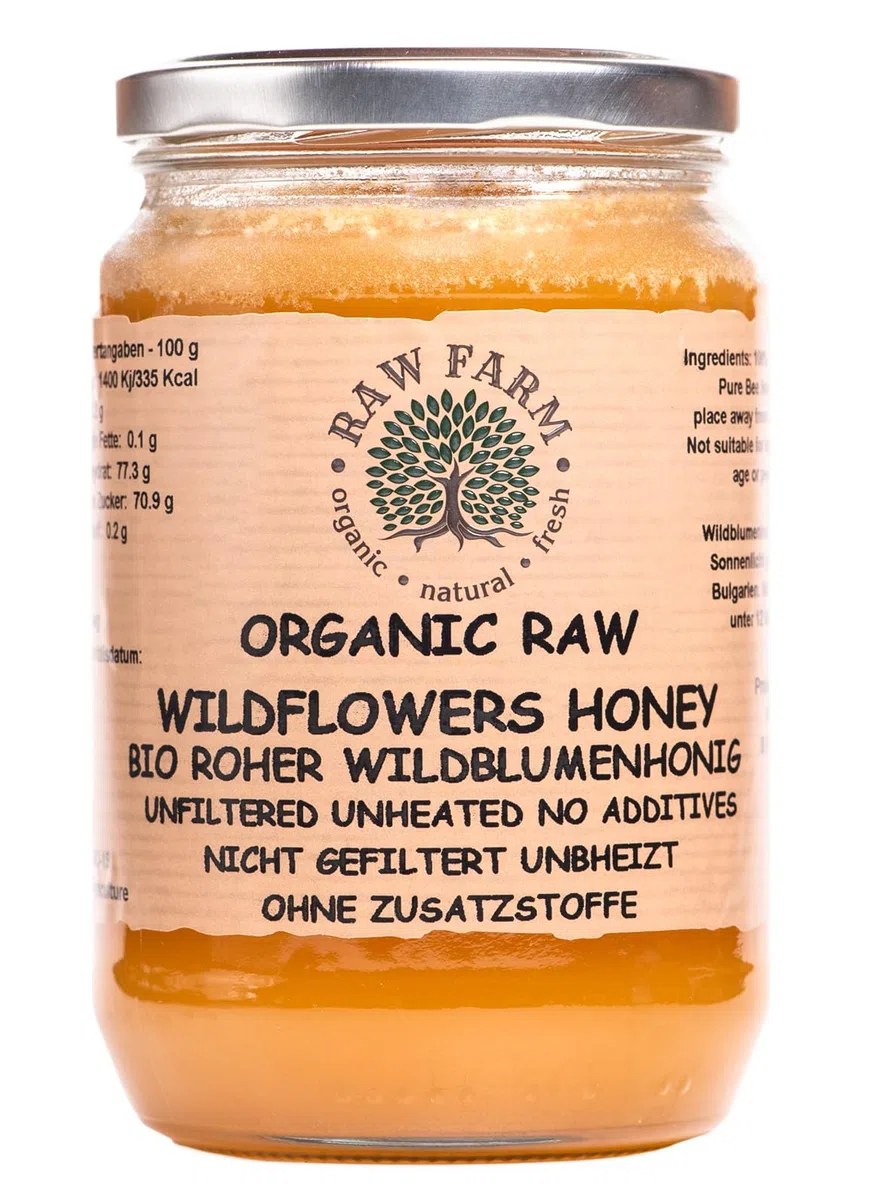 Raw Farm – Miel de fleurs sauvages cru bio 900 g – 100% naturel, non filtré, non chauffé, non pasteurisé, directement de la ruche