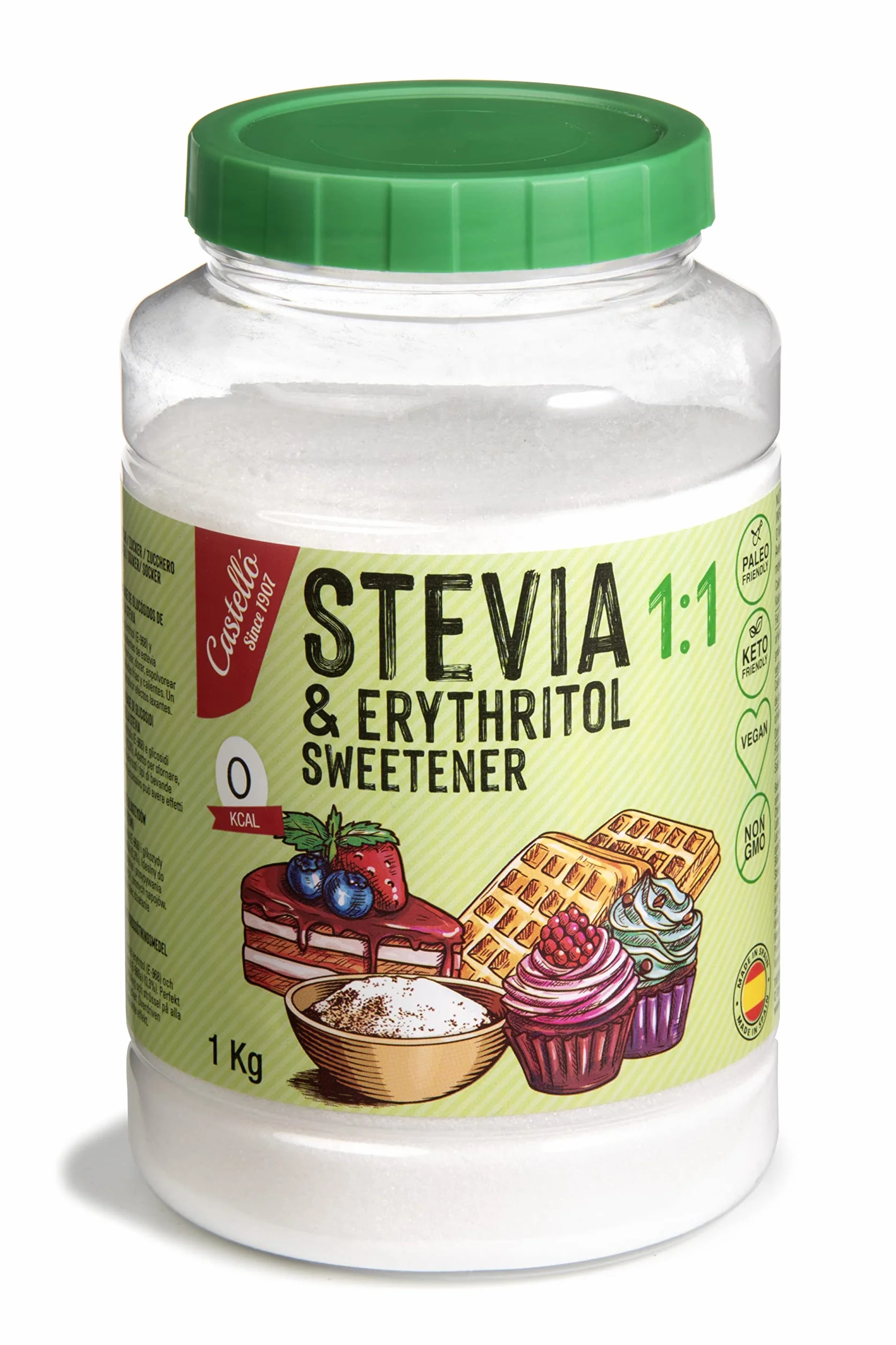 Castello since 1907 Édulcorant Stevia + Erythritol 1:1 1 kg | 1g = 1g de Sucre, Goût 100% Naturel, 0 Calories, 0 Indice Glycémique, Keto et Paleo, 0 Glucides