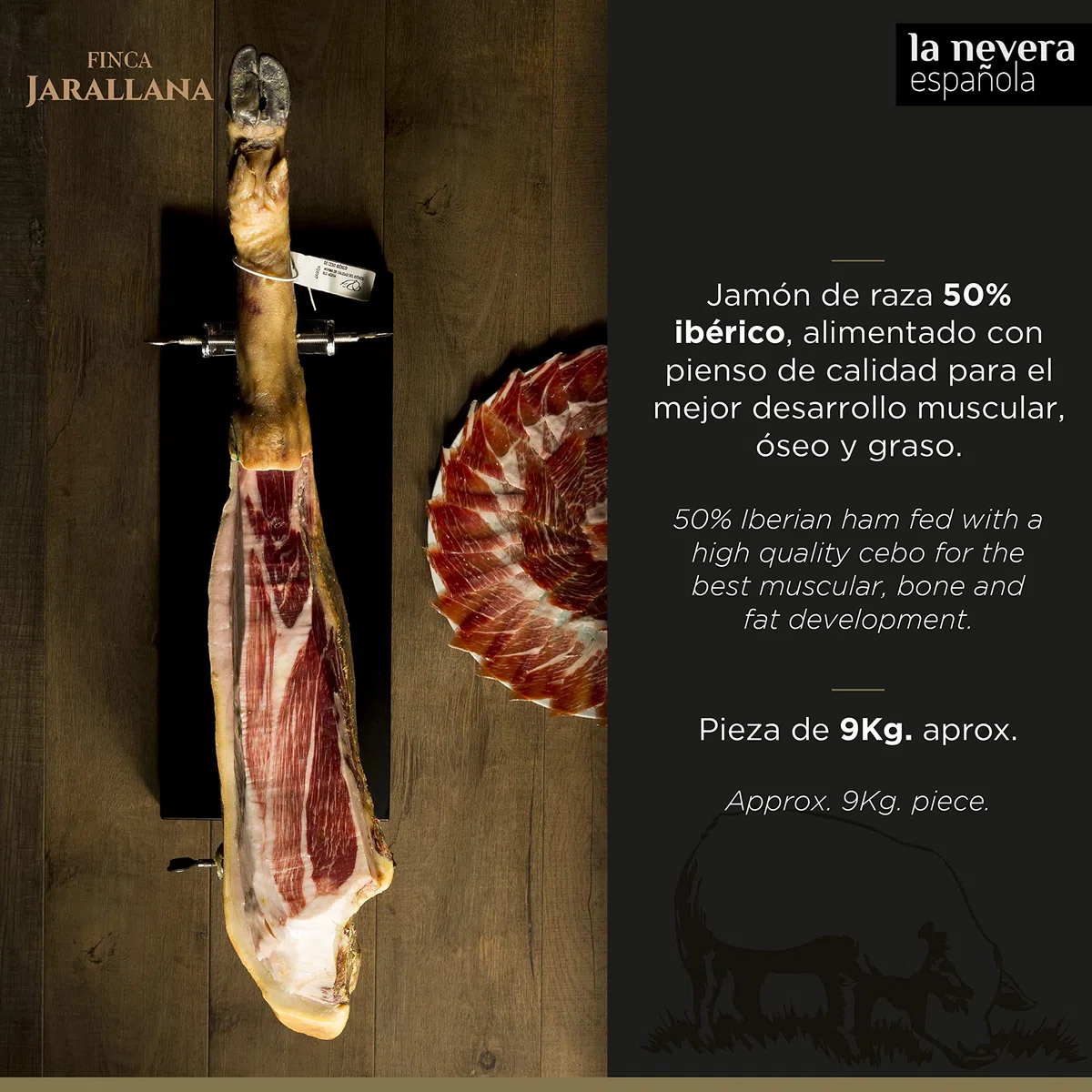 Finca Jarallana | Jambon Ibérique Cebo 50% | Pièce de 9 kg avec Séchage Naturel | Porcs de rRace Ibérique Élevés en Régime Extensif
