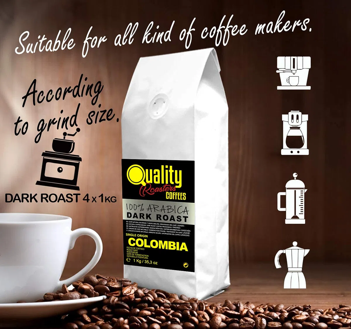 Quality Roasters Coffees. Grains de café naturels. Rôti Noir. 100% Arabica. Origine unique Colombie. Rôti à la main. Torréfaction Foncée. (4000.00, Grammes)