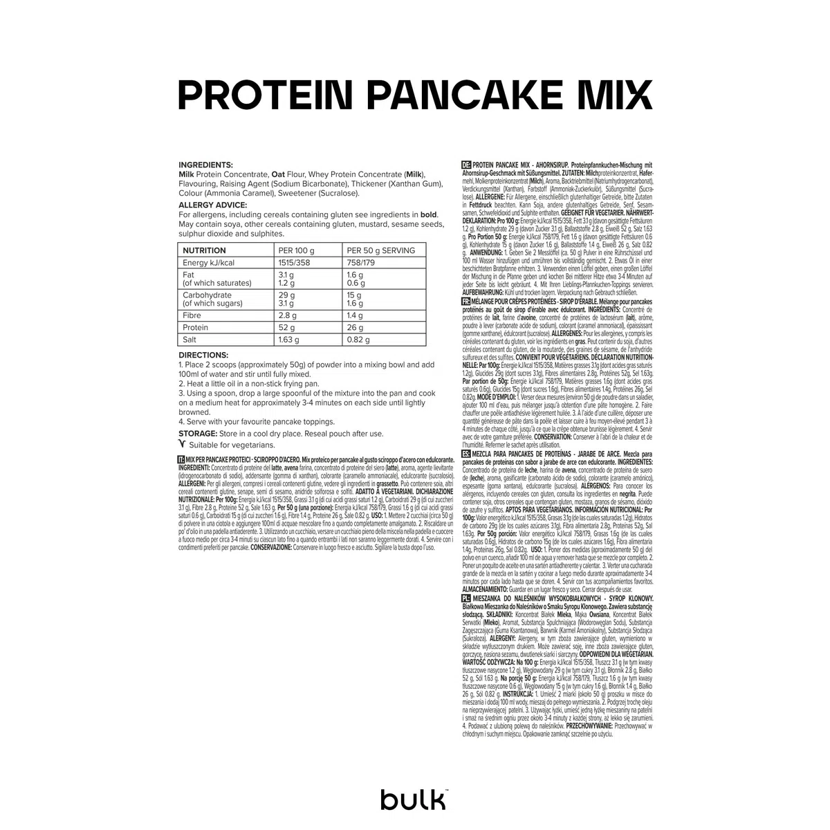 Bulk Préparation pour crêpes protéinées, Sirop d'érable, 500 g, 10 Portions