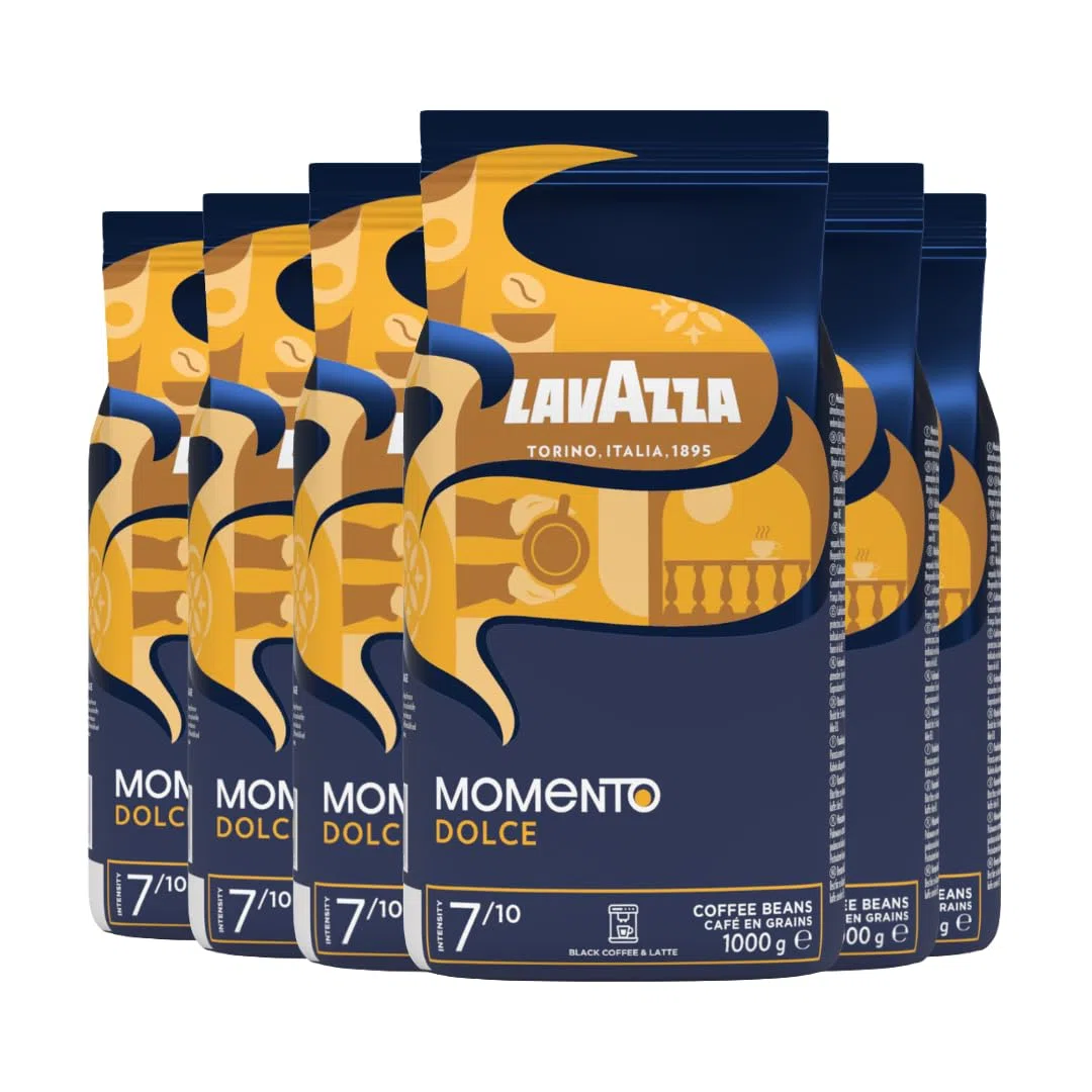 Lavazza - Lot de 6Kg de café en grain Momento Dolce - Idéal pour les Machines à Café Automatiques, avec Notes de Chocolat, Arabica et Robusta, Intensité 7/10, Torréfaction Moyenne