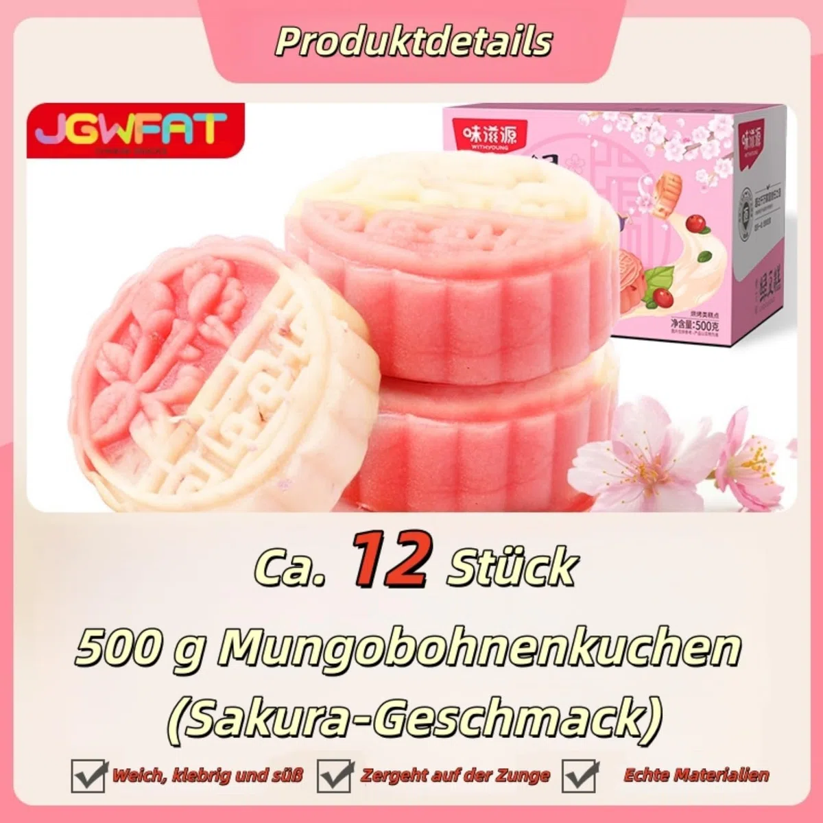 JGFWAT Gâteau de haricots mungo au goût sakura 500 g | Dessert fait main | Snacks chinois | Convient pour partager avec la famille et les amis