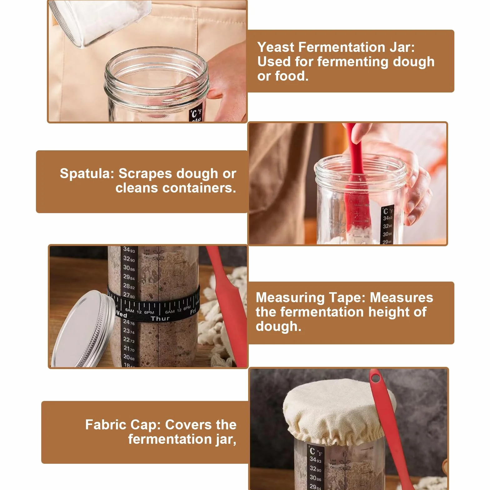 XHYASD 730 ML Kit de Démarrage au Levain, Pot de Démarrage au Levain en Verre, Verre de Démarrage avec Papier Thermomètre et Capuchon en Aluminium