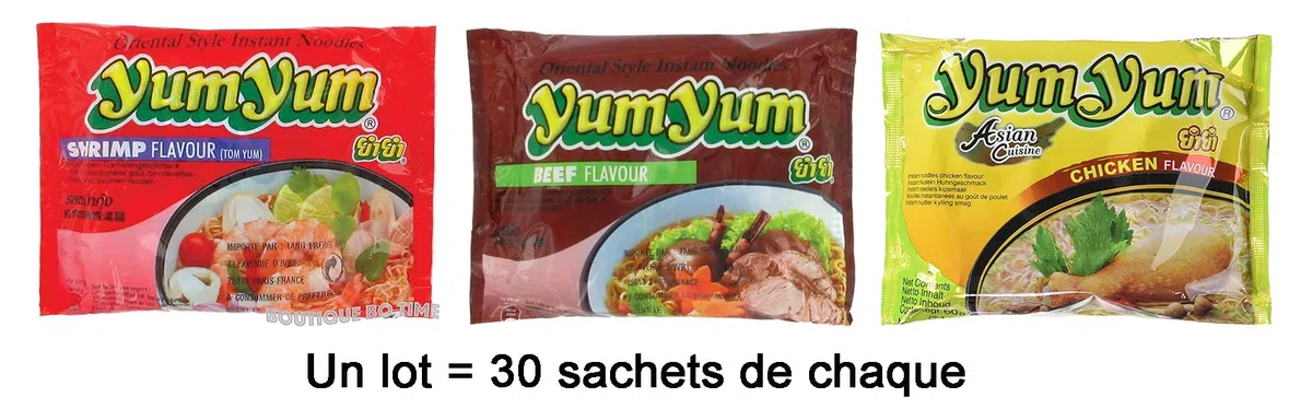 YumYum Nouilles Instantanées 60g / Sachet - Lot de 30 Sachets de saveur crevette + 30 Sachets saveur boeuf + 30 Sachets saveur poulet / lot) Expédition depuis France par la Sté Bo Time (3