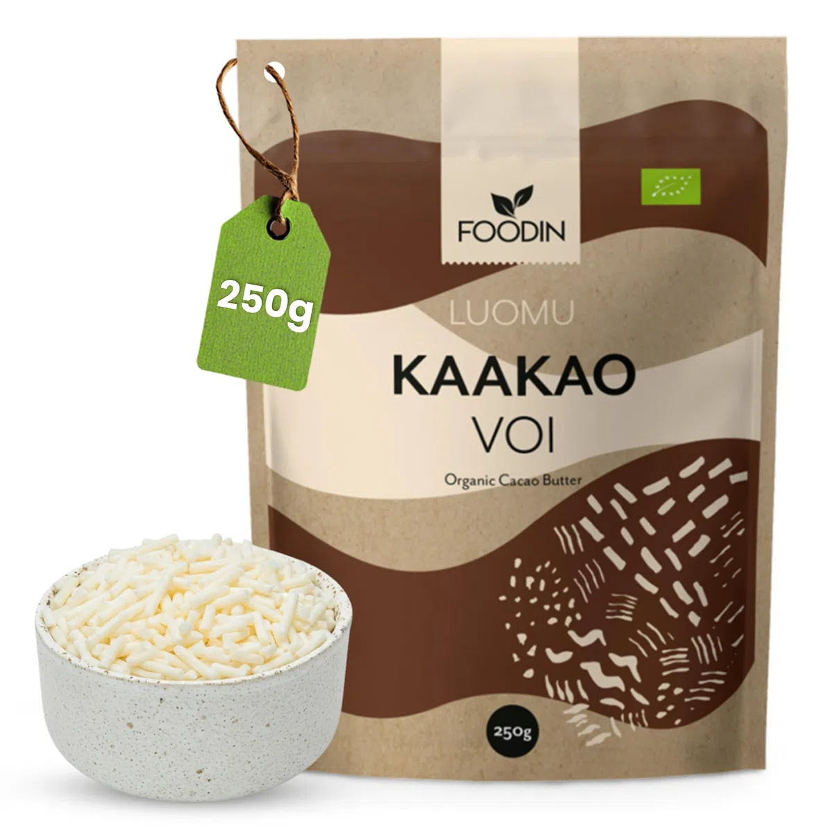 FOODIN Beurre de cacao Bio — Cacao cru polyvalent pour recettes sucrées, glaçages, chocolaterie maison & cuisine saine – Cosmétique nourrissant à texture fondante pour peau douce – 250 g
