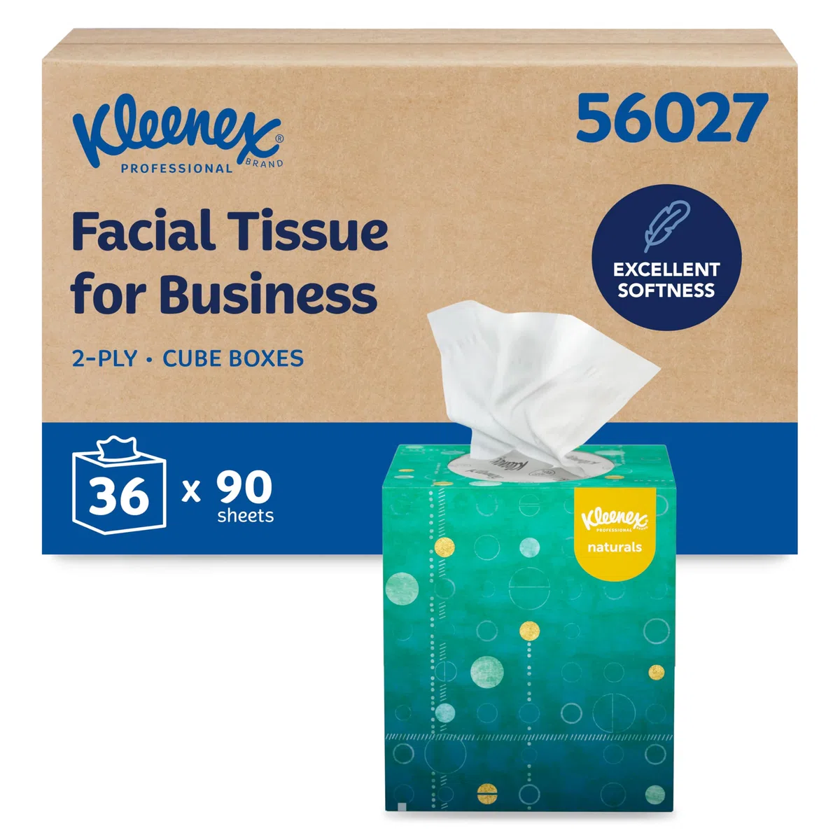 Kleenex Professional Naturals 56027 Mouchoirs pour le visage avec emballage écologique sans plastique, 2 plis, blanc, format cube vertical, conçu pour les entreprises (90 mouchoirs/boîte, 36 boîtes, 3