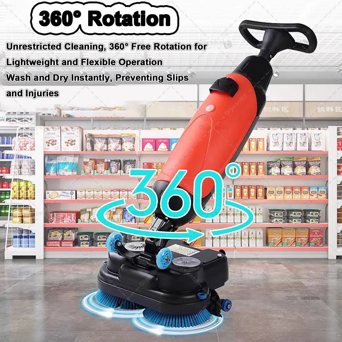 Autolaveuse-sécheuse commerciale autoportée, sans fil et portable, pour sols carrelés et scellés, avec 2 brosses réglables, rouge