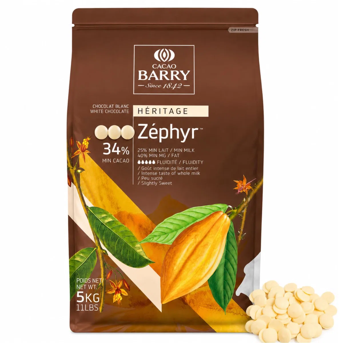 Cacao Barry Zéphyr 34% Chocolat Blanc en Pistoles 5 kg