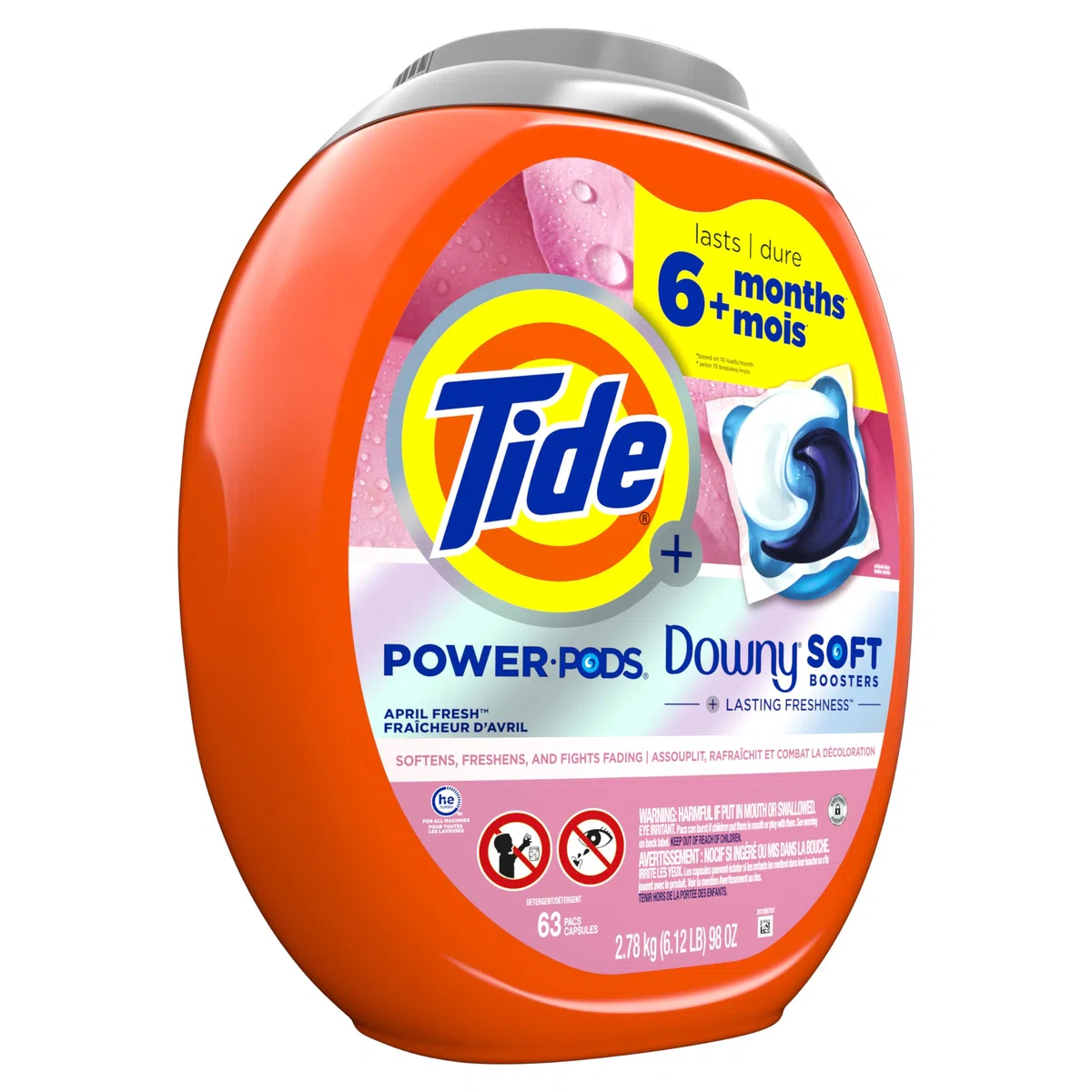 Tide Power PODs Lot de 63 capsules de détergent à lessive 2 en 1 avec boosters doux Downy, fraîcheur durable avec parfum frais d'avril