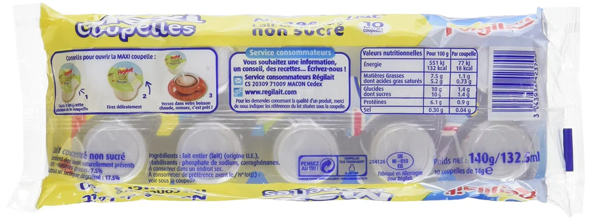 Régilait Lait Concentré Non Sucré Maxi Coupelles 140 g - Lot de 10(10 paquets de 10)