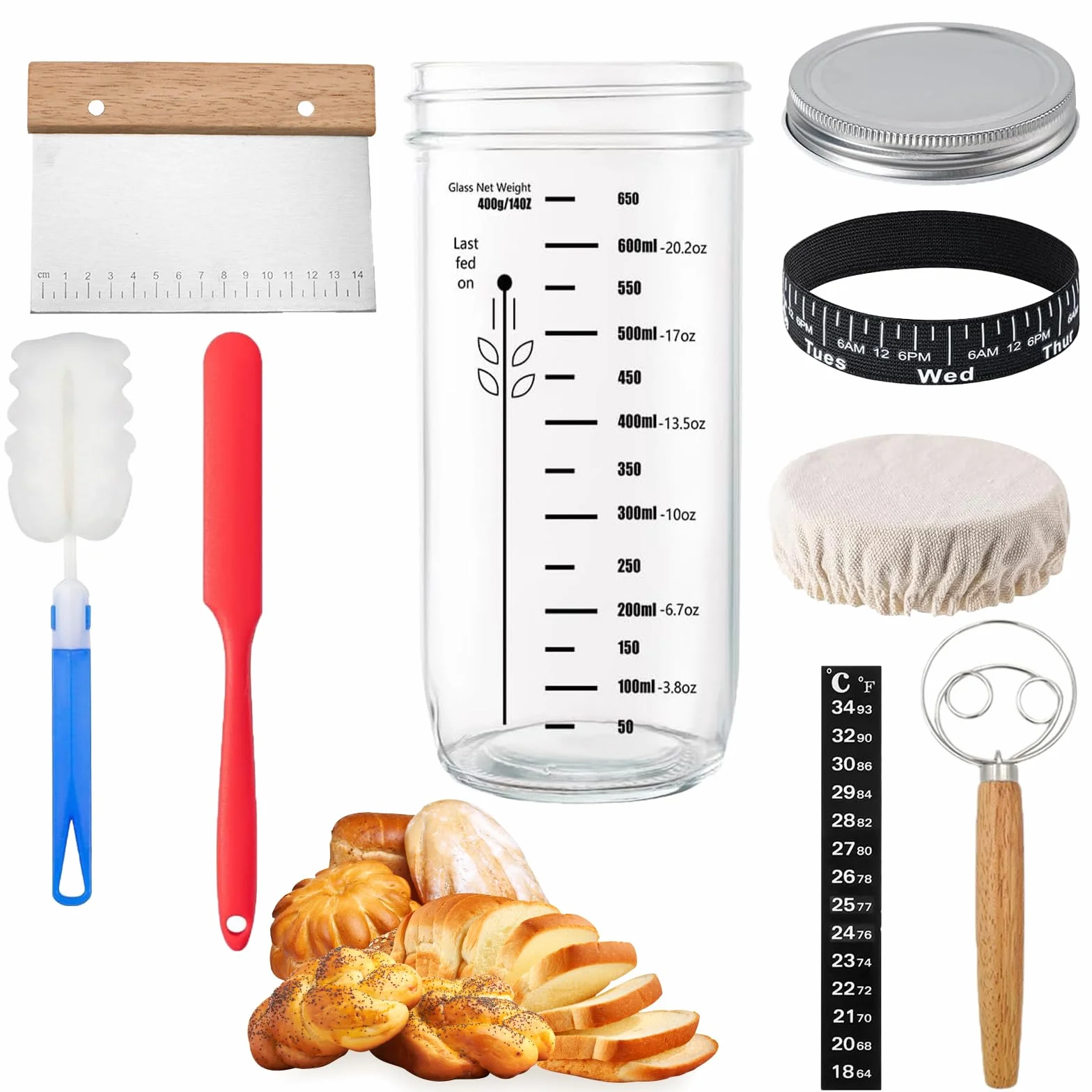 XHYASD 730 ML Kit de Démarrage au Levain, Pot de Démarrage au Levain en Verre, Verre de Démarrage avec Papier Thermomètre et Capuchon en Aluminium