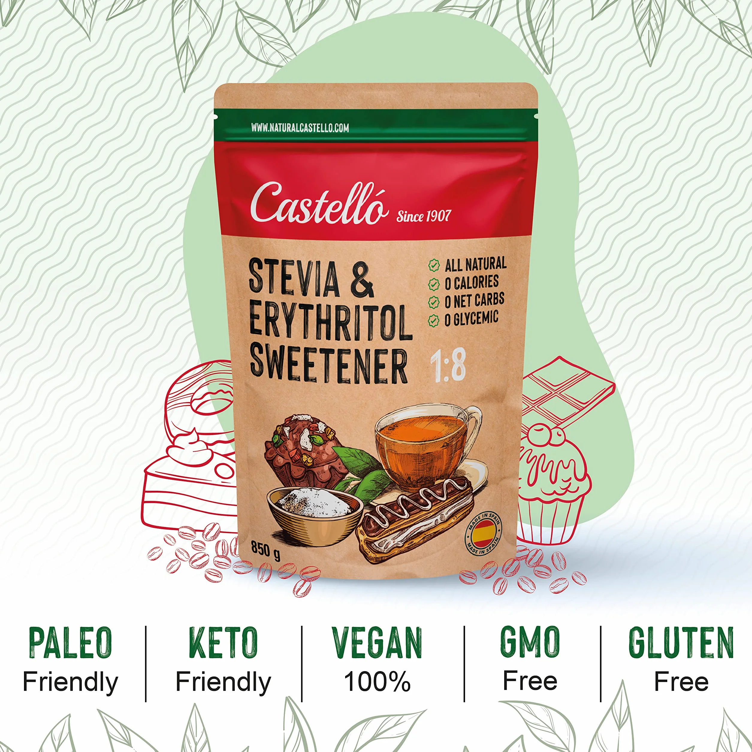 Castello since 1907 Stevia & Erythritol 1:8- Édulcorant 850 g | 1g = 8g de Sucre, Goût 100% Naturel, 0 Calories, 0 Indice Glycémique, Keto et Paleo
