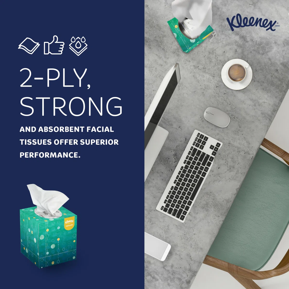 Kleenex Professional Naturals 56027 Mouchoirs pour le visage avec emballage écologique sans plastique, 2 plis, blanc, format cube vertical, conçu pour les entreprises (90 mouchoirs/boîte, 36 boîtes, 3