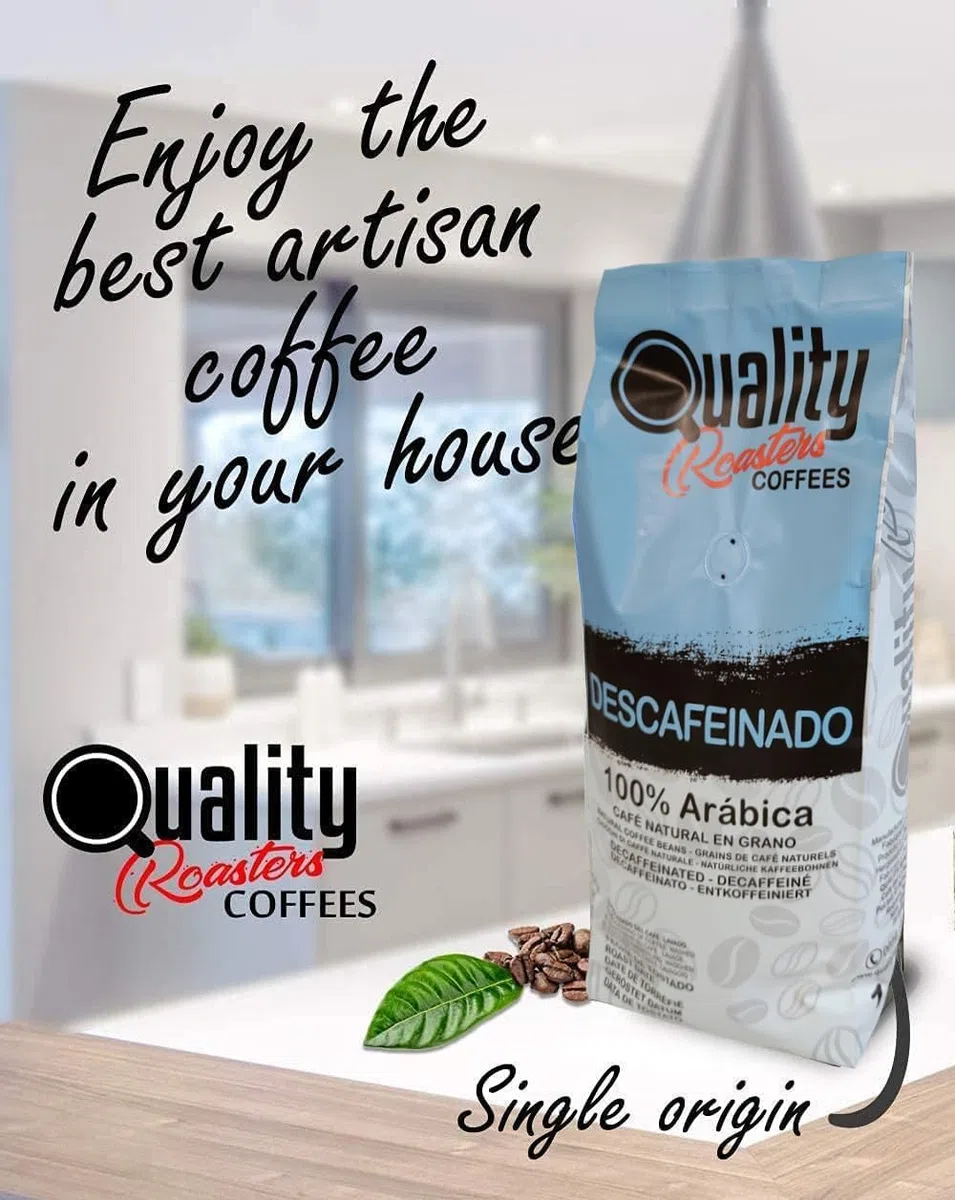 Quality Roasters Coffees. Café en grain naturel, décaféiné, 100 % arabica, torréfaction moyenne, torréfaction artisanale, 4 kg.