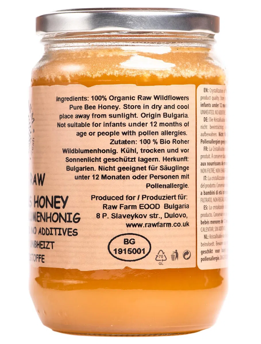 Raw Farm – Miel de fleurs sauvages cru bio 900 g – 100% naturel, non filtré, non chauffé, non pasteurisé, directement de la ruche
