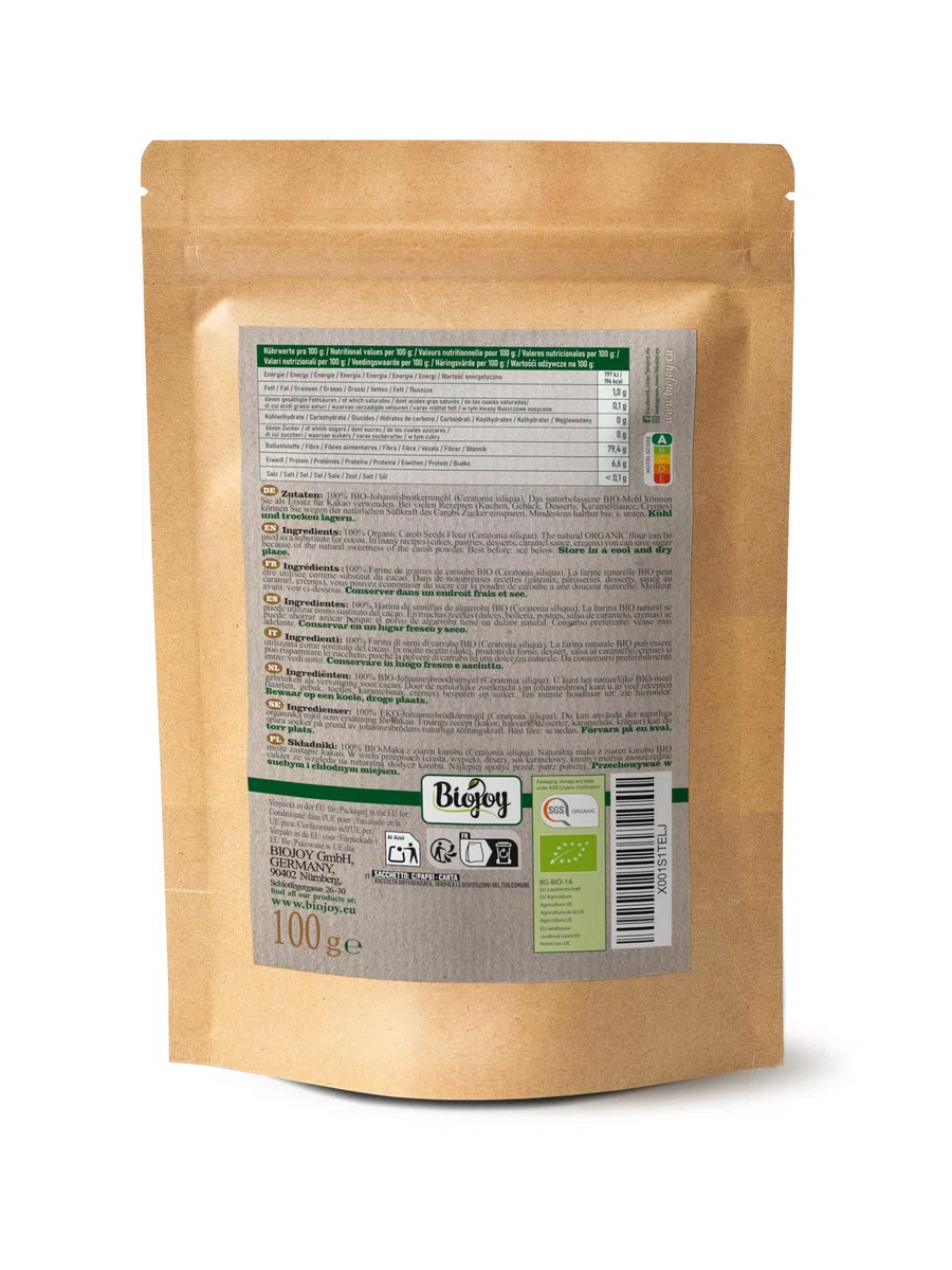 Biojoy Farine de graines de caroube BIO (100 g), moulu, Caroube poudre (Ceratonia siliqua)