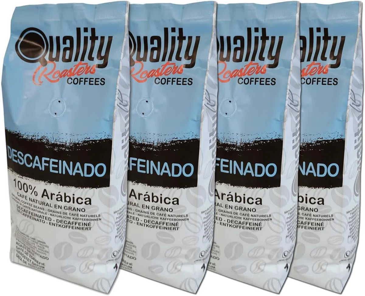Quality Roasters Coffees. Café en grain naturel, décaféiné, 100 % arabica, torréfaction moyenne, torréfaction artisanale, 4 kg.