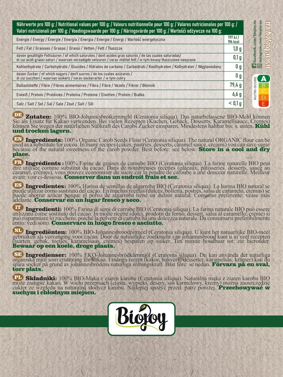 Biojoy Farine de graines de caroube BIO (100 g), moulu, Caroube poudre (Ceratonia siliqua)