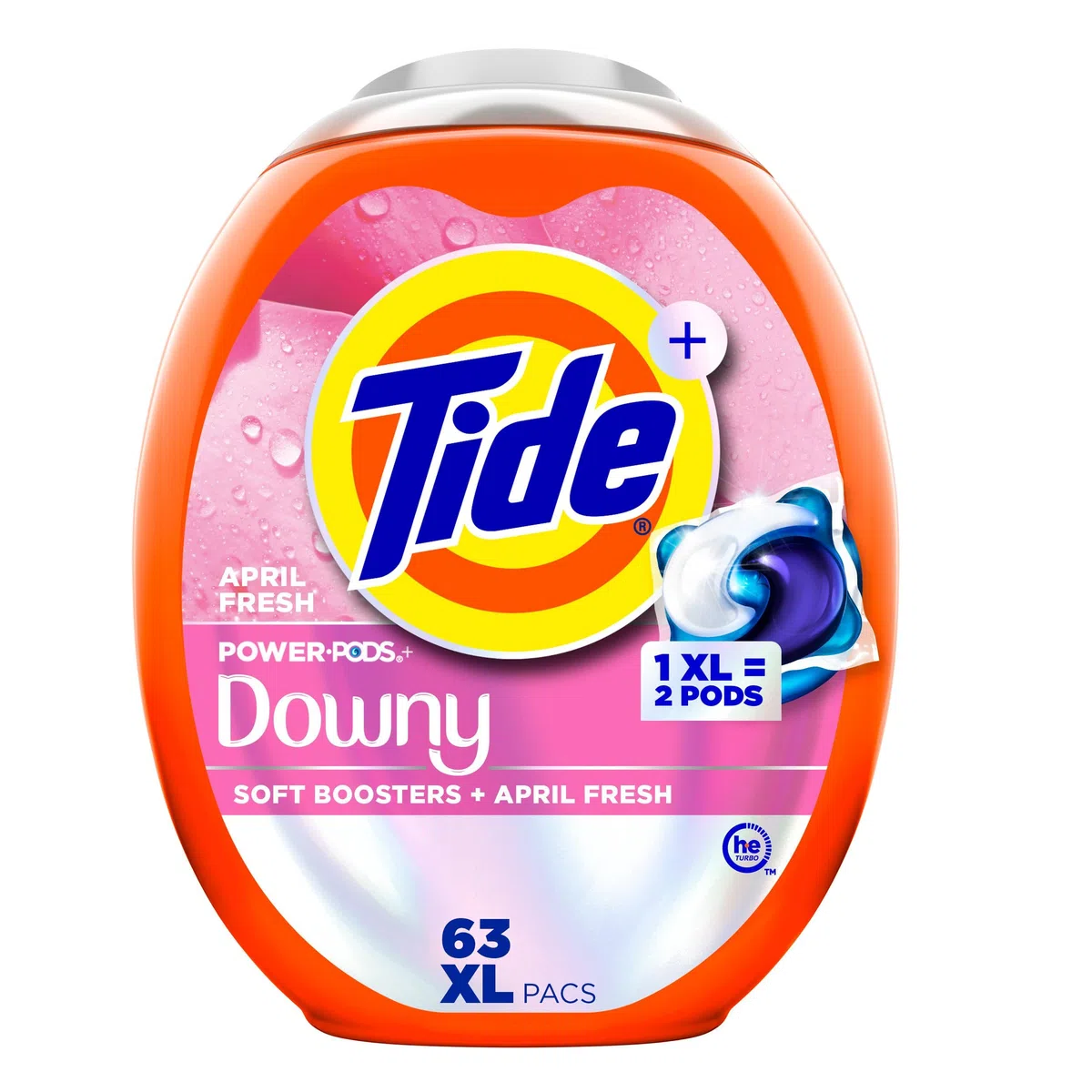 Tide Power PODs Lot de 63 capsules de détergent à lessive 2 en 1 avec boosters doux Downy, fraîcheur durable avec parfum frais d'avril