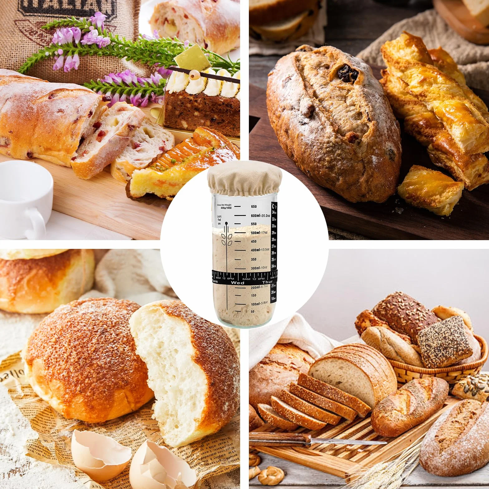 XHYASD 730 ML Kit de Démarrage au Levain, Pot de Démarrage au Levain en Verre, Verre de Démarrage avec Papier Thermomètre et Capuchon en Aluminium