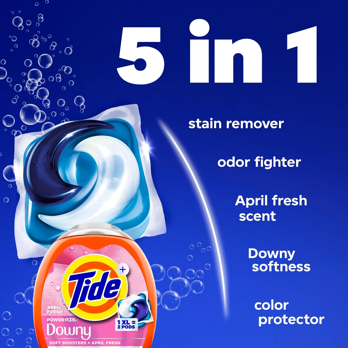 Tide Power PODs Lot de 63 capsules de détergent à lessive 2 en 1 avec boosters doux Downy, fraîcheur durable avec parfum frais d'avril