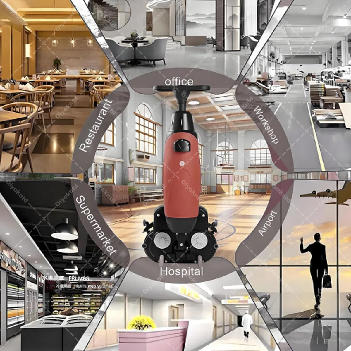 Autolaveuse-sécheuse commerciale autoportée, compacte et portable, largeur de nettoyage de 43 cm (17 pouces), idéale pour les petits espaces commerciaux, bureaux et magasins, rouge.