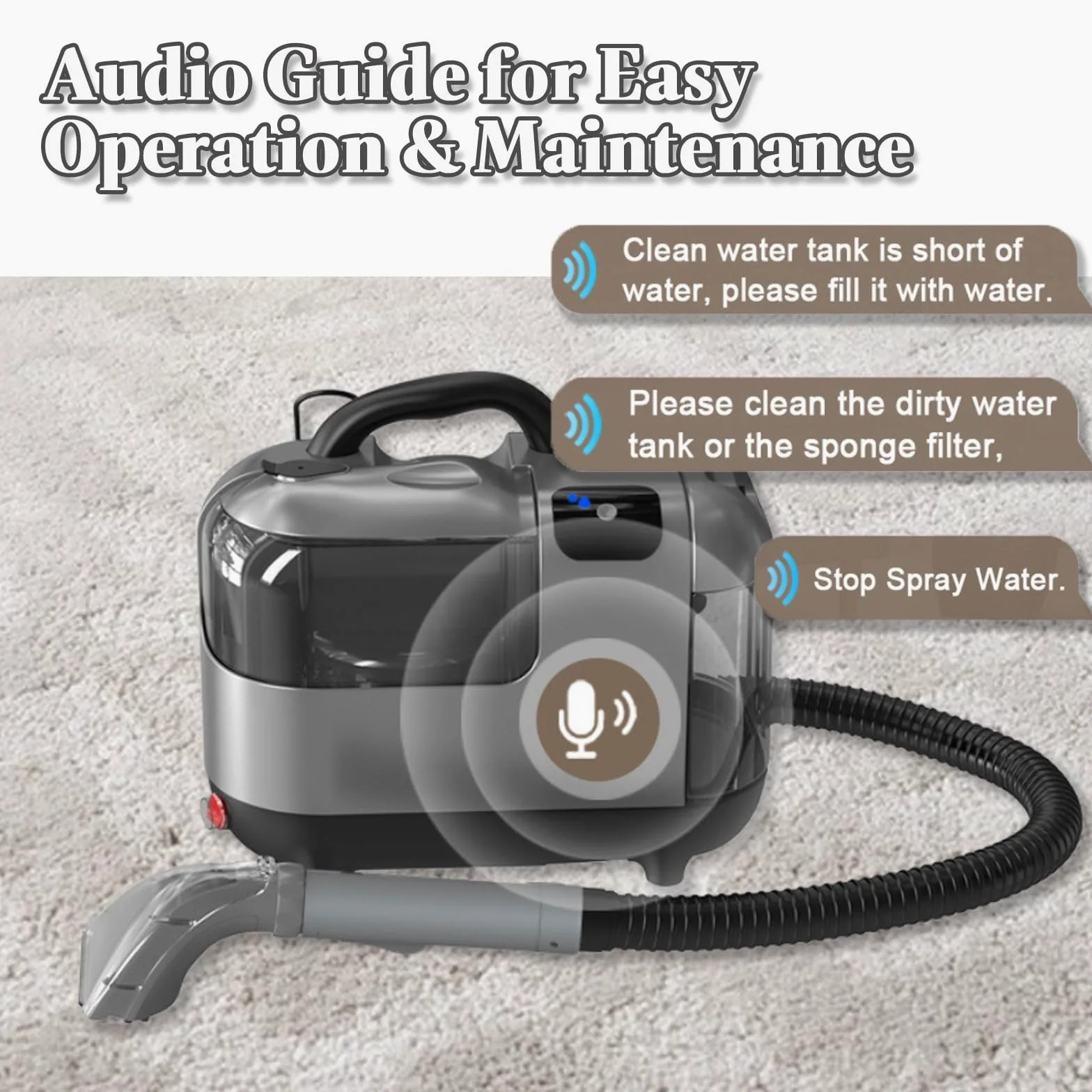 Nettoyeur Tapis Shampouineuse Vapeur 1200W 13000Pa 60-70℃ Eau Chaude, avec Busette de Nettoyage Principale, pour Tapis/Escaliers à Domicile, Familles avec Animaux 220V-Grey