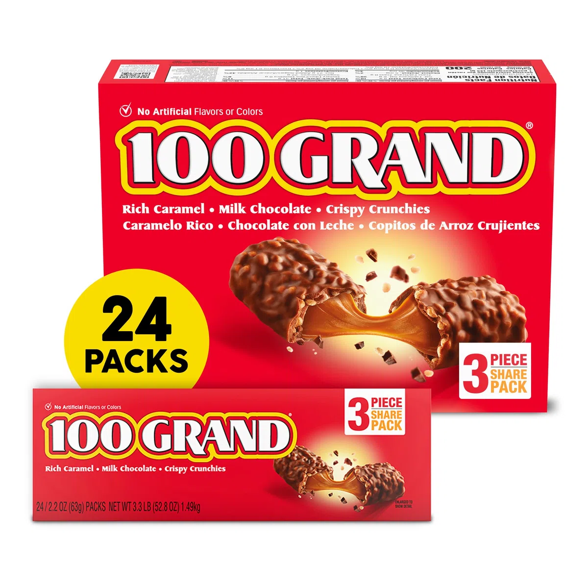 100 Grand Lot de 24 barres de chocolat au lait croustillantes avec caramel emballées individuellement, 62,4 g