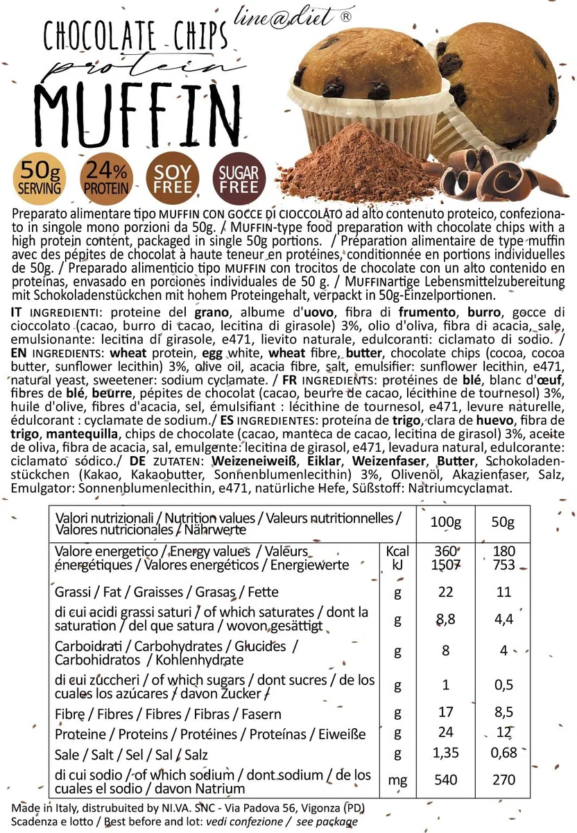 8 MUFFINS protéinés avec pépites de CHOCOLAT de 50g | 24% de protéines, sans sucre | Phase 1