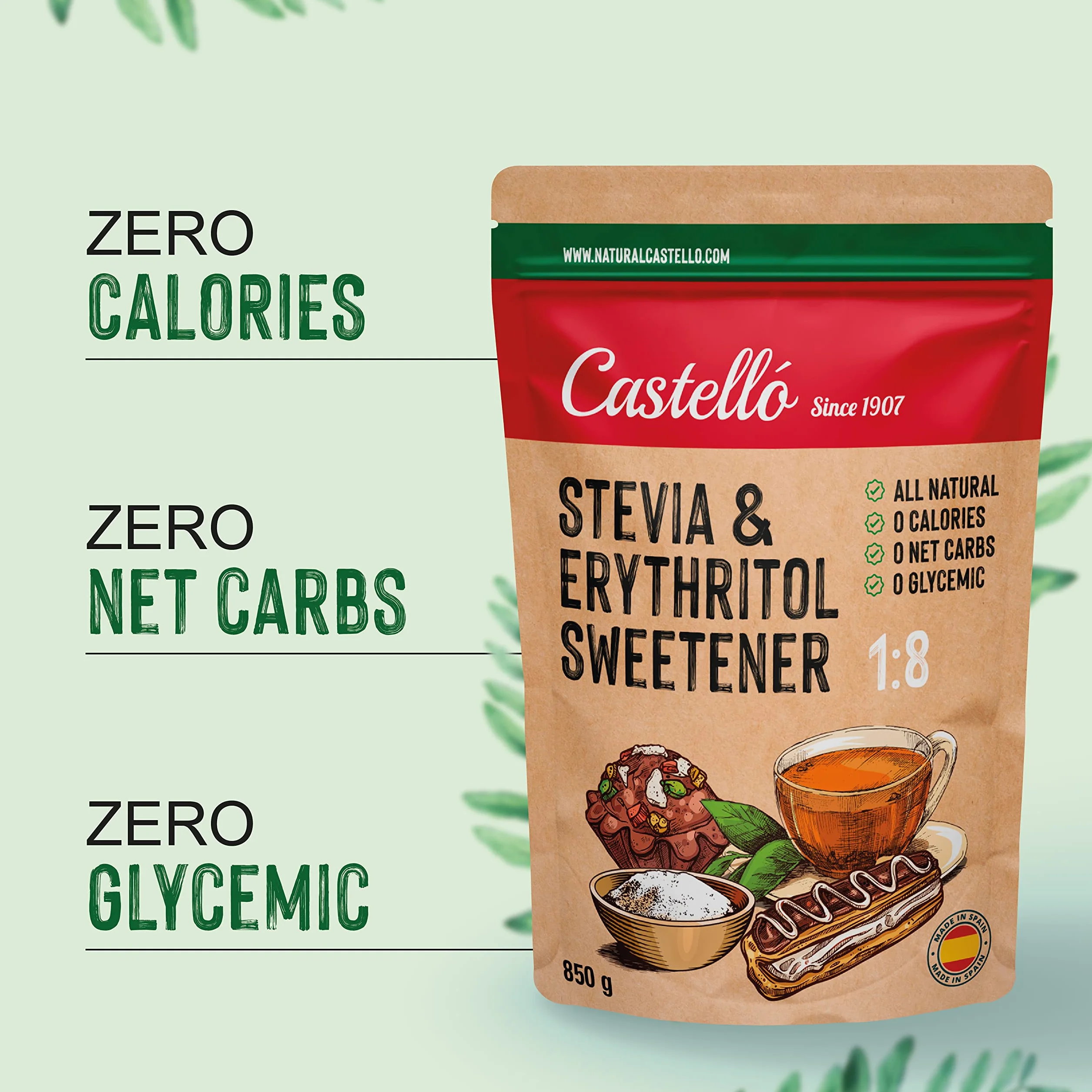 Castello since 1907 Stevia & Erythritol 1:8- Édulcorant 850 g | 1g = 8g de Sucre, Goût 100% Naturel, 0 Calories, 0 Indice Glycémique, Keto et Paleo