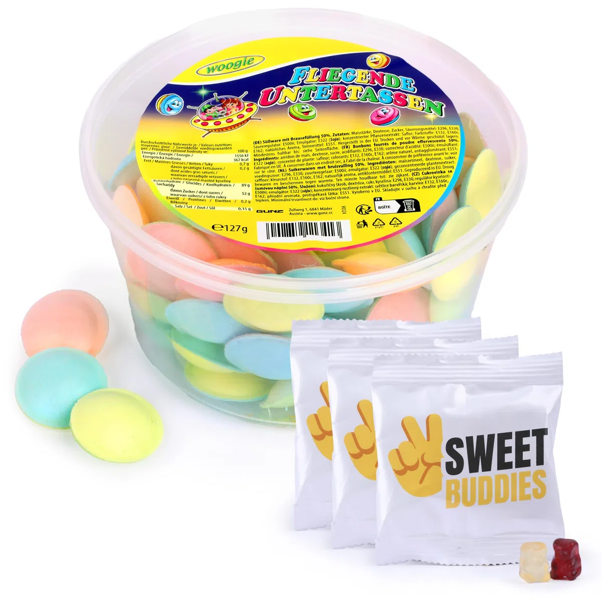 Woogie Soucoupes volantes 127g env. 100 pièces - OVNIs effervescents multicolores en gaufrettes de papier alimentaire - Friandises rétro cultes pour fêtes, anniversaires d'enfants & classes d'école
