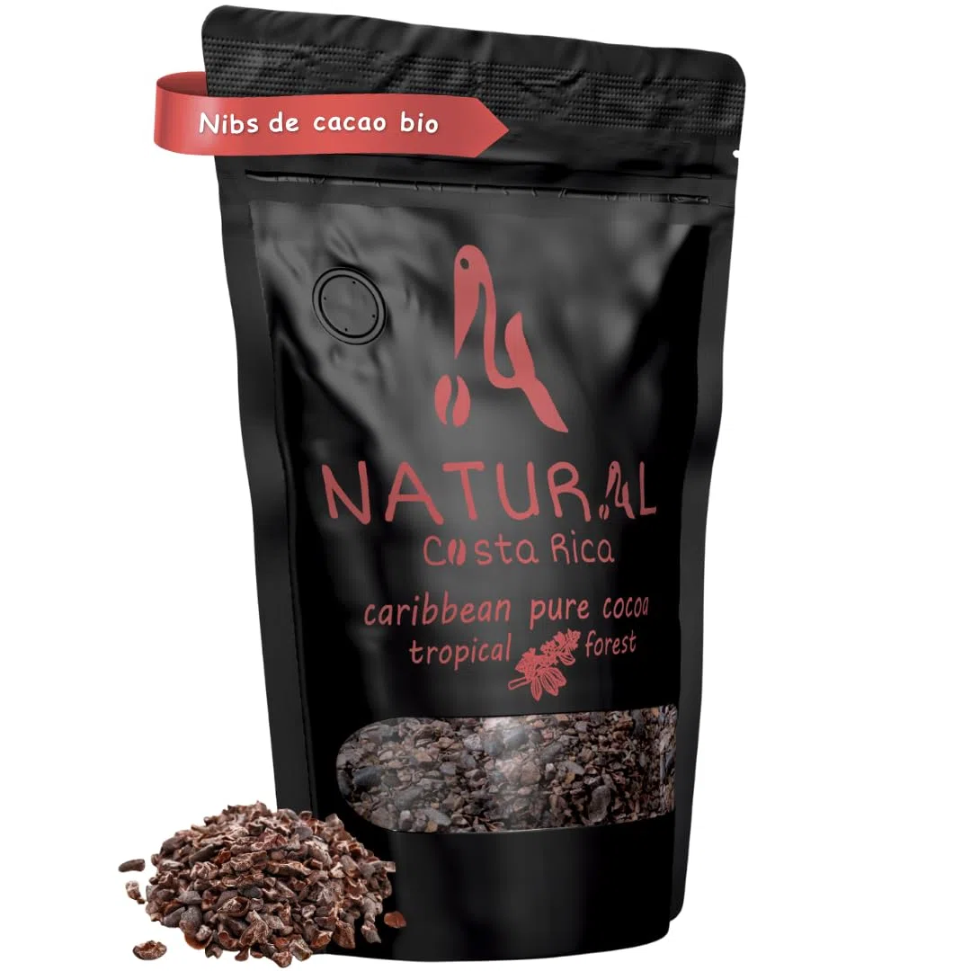 Nibs de cacao 100% pur cacao gourmet artisanal naturel sans sucre originaire des Caraïbes Bribri Costa Rica micro-lots séchés au soleil et torréfiés au feu de bois sachet hermétique avec valve