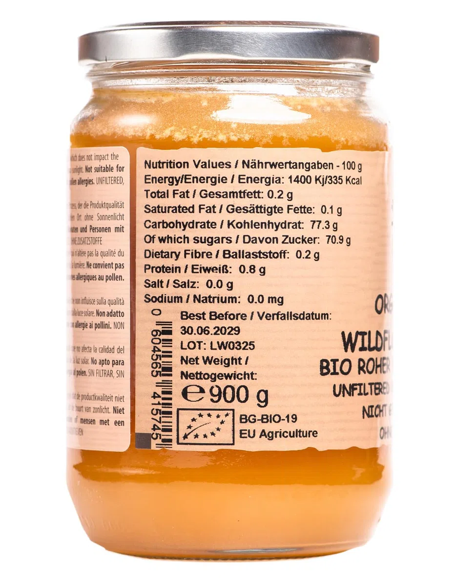 Raw Farm – Miel de fleurs sauvages cru bio 900 g – 100% naturel, non filtré, non chauffé, non pasteurisé, directement de la ruche