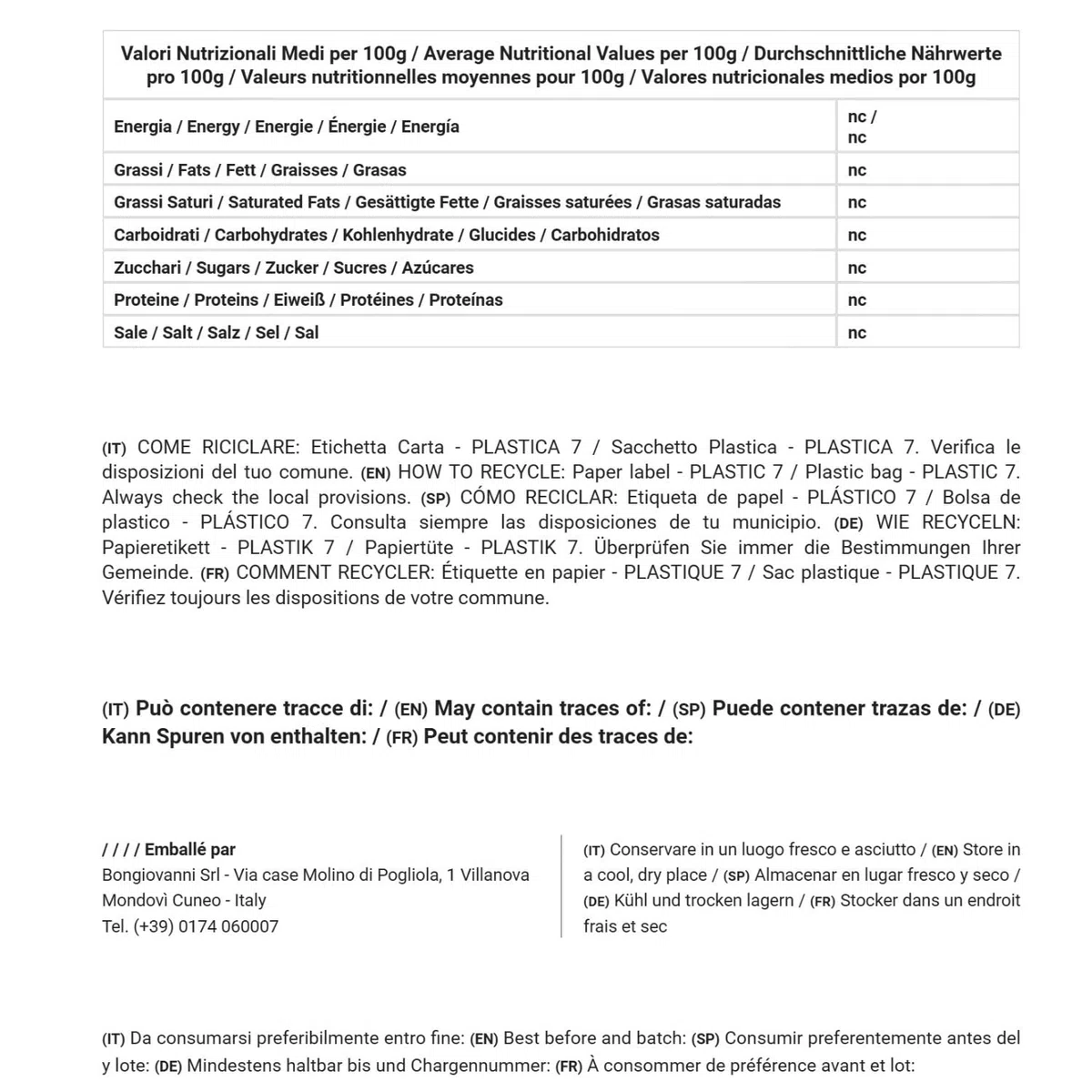 Bongiovanni Bontà Naturali Farine de psyllium sans gluten 25kg