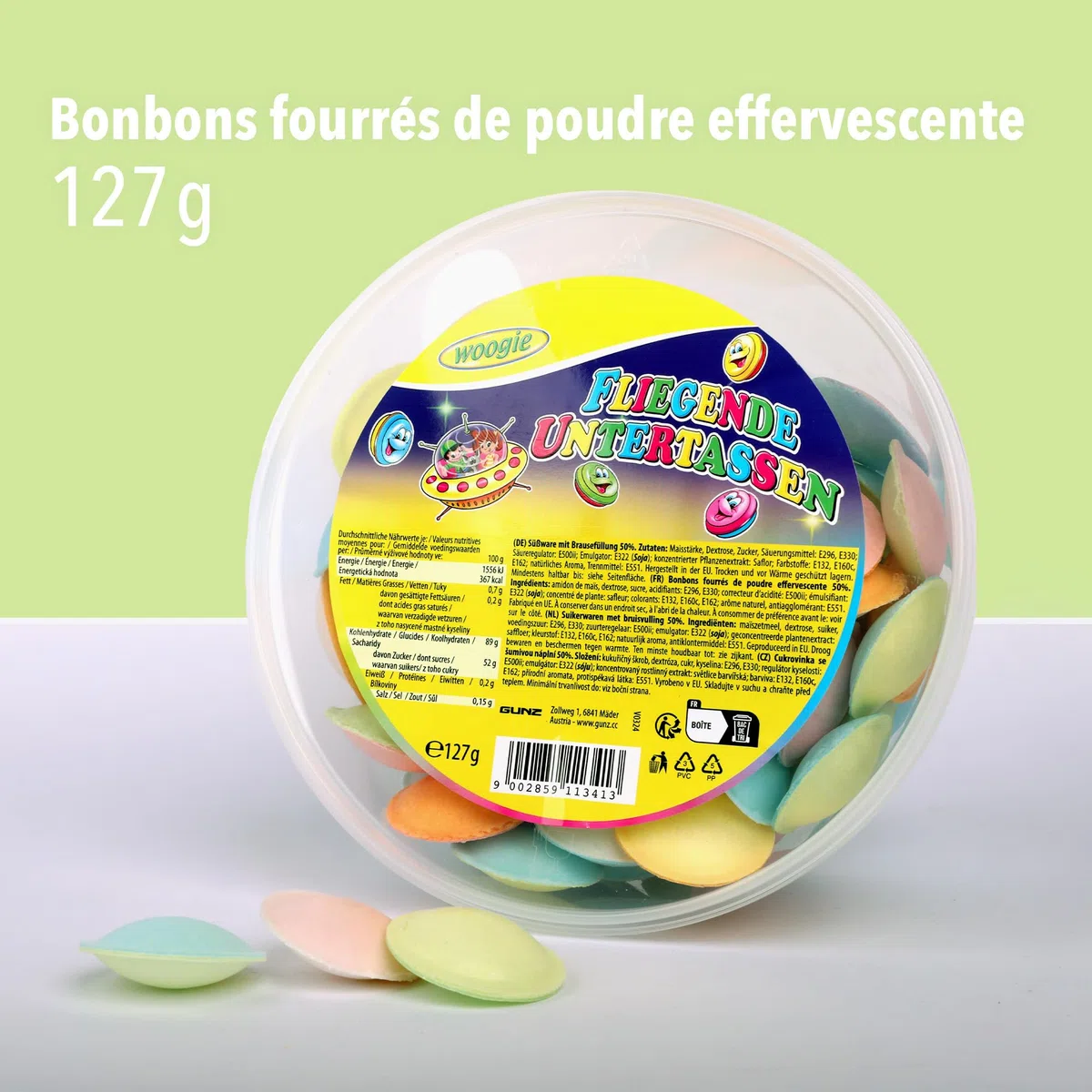 Woogie Soucoupes volantes 127g env. 100 pièces - OVNIs effervescents multicolores en gaufrettes de papier alimentaire - Friandises rétro cultes pour fêtes, anniversaires d'enfants & classes d'école