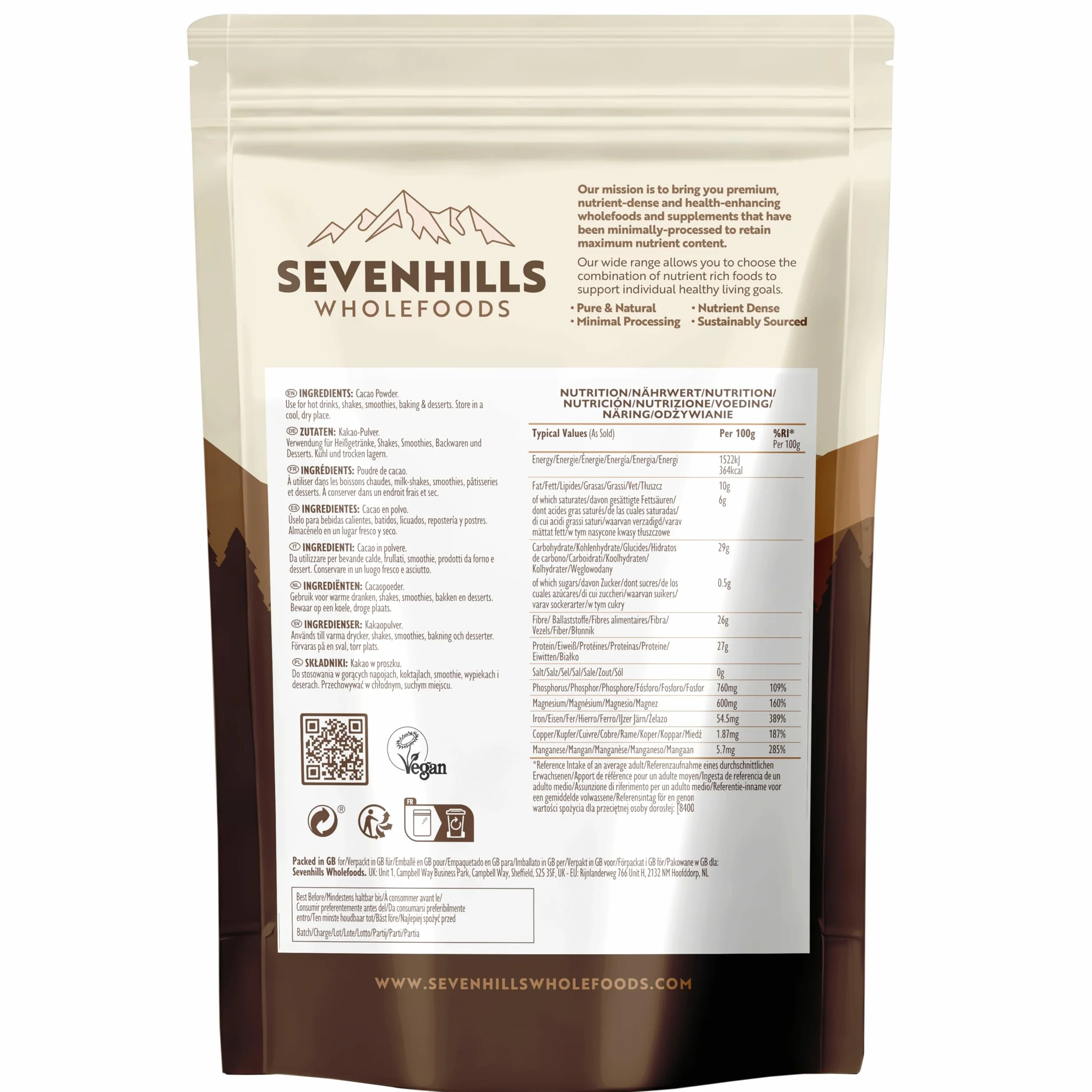 Sevenhills Wholefoods Poudre de Cacao 400g - Non Alcalinisée - Riche en Fer et Magnésium - Qualité supérieure, pure, non sucrée, idéale pour la pâtisserie, les smoothies et le chocolat chaud