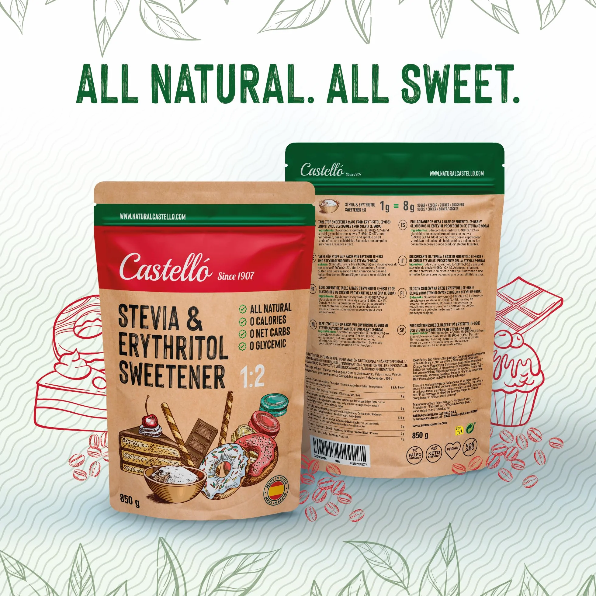Castello since 1907 Stevia & Erythritol 1:8- Édulcorant 850 g | 1g = 8g de Sucre, Goût 100% Naturel, 0 Calories, 0 Indice Glycémique, Keto et Paleo