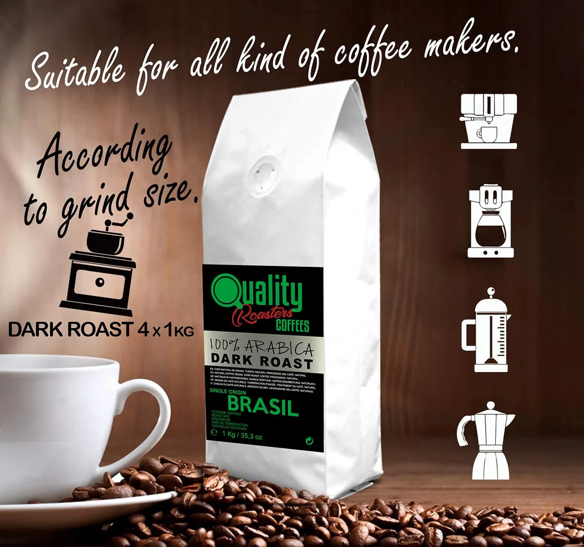 Quality Roasters Coffees. Grains de café naturels. Rôti Noir. 100% Arabica. Origine unique Brésil. Rôti à la main. Dark Roast. (4 Kg)