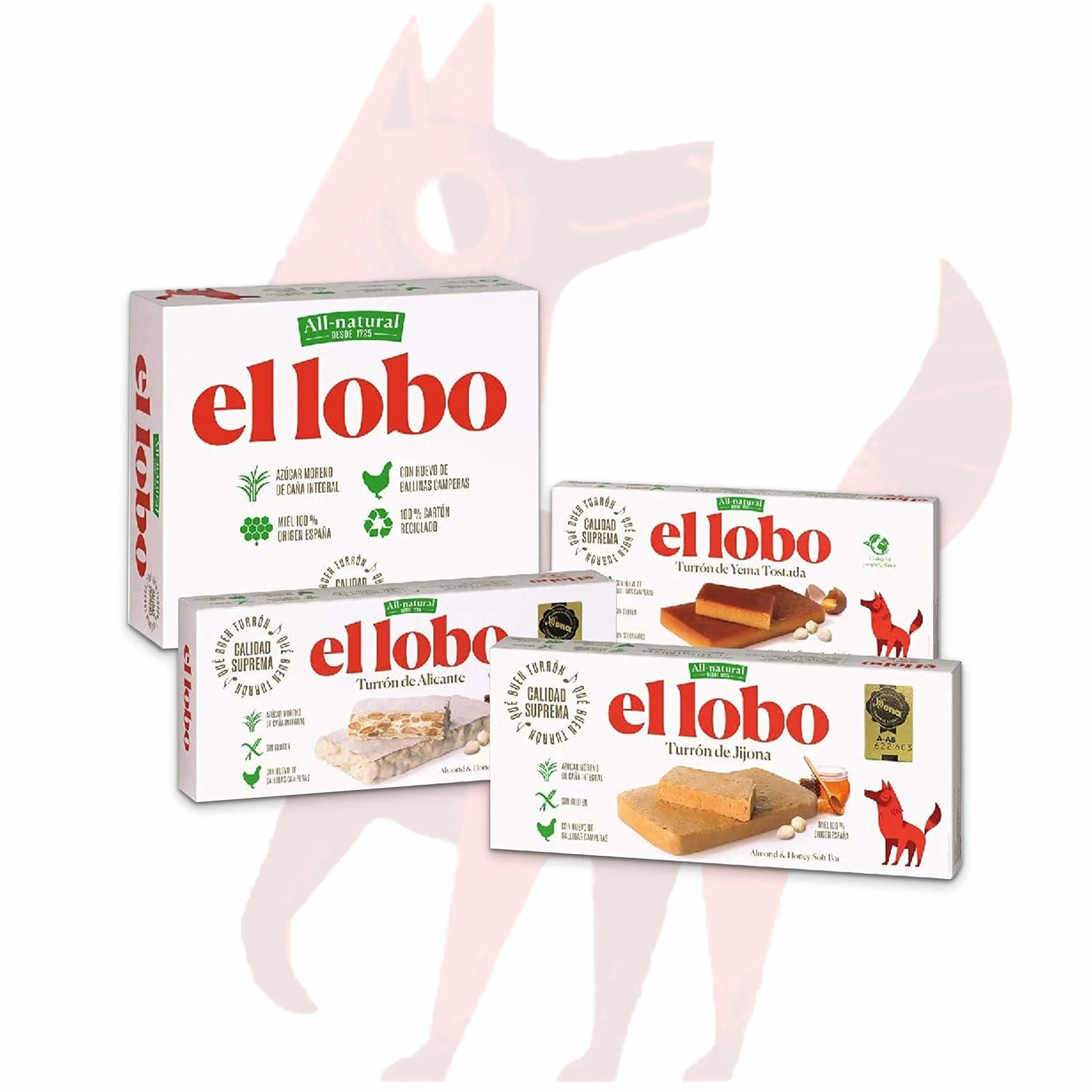 EL LOBO - Pack Familial "All-Natural", contient Touron de Jijona 250g, Touron d' Alicante 250g et Touron Jaune d'oeuf caramélisé 250G, Qualité Suprême Gourmandise typique de Noël, Recette artisanale