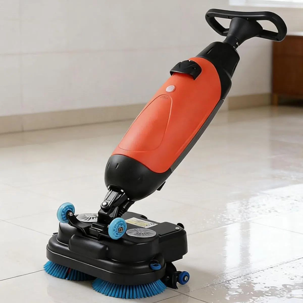 Autolaveuse-sécheuse commerciale autoportée, compacte et portable, largeur de nettoyage de 43 cm (17 pouces), idéale pour les petits espaces commerciaux, bureaux et magasins, rouge.