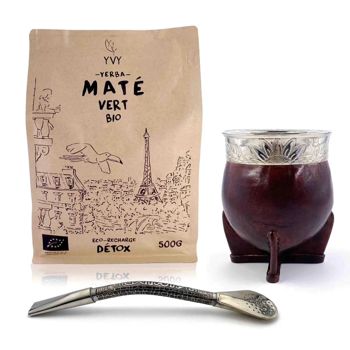 YVY MATÉ Kit Maté Impérial | Pack Calebasse Impériale, Bombilla Ciselée et 1 poche de Yerba Mate Vert Bio 500g | Ensemble Complet pour Amateur averti | Fabrication Artisanale en Uruguay