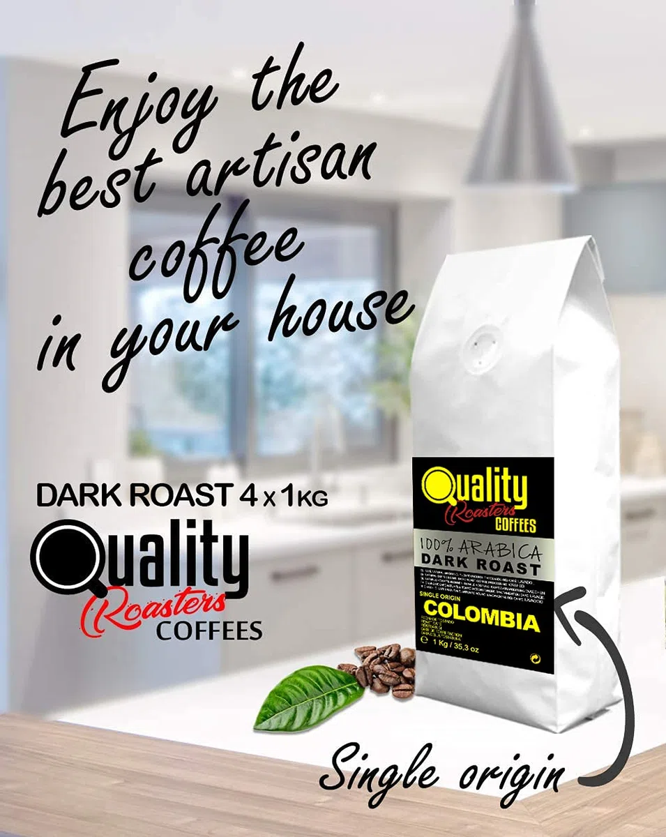 Quality Roasters Coffees. Grains de café naturels. Rôti Noir. 100% Arabica. Origine unique Colombie. Rôti à la main. Torréfaction Foncée. (4000.00, Grammes)