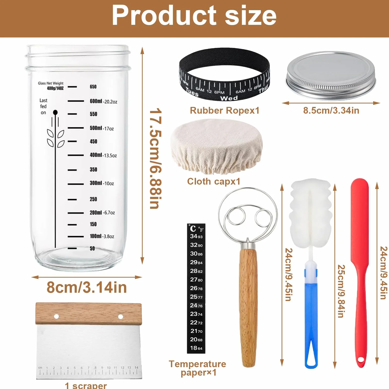 XHYASD 730 ML Kit de Démarrage au Levain, Pot de Démarrage au Levain en Verre, Verre de Démarrage avec Papier Thermomètre et Capuchon en Aluminium