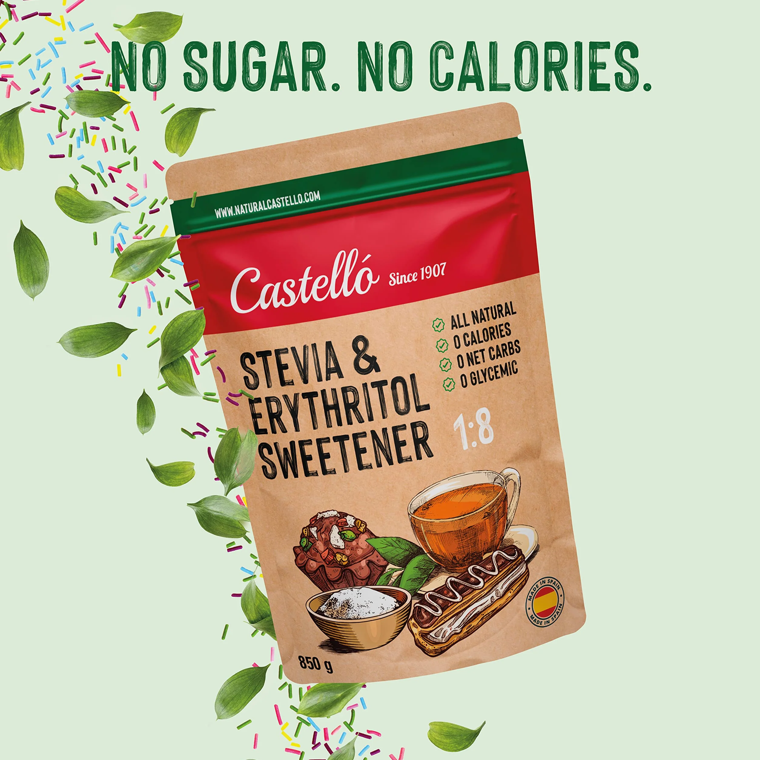 Castello since 1907 Stevia & Erythritol 1:8- Édulcorant 850 g | 1g = 8g de Sucre, Goût 100% Naturel, 0 Calories, 0 Indice Glycémique, Keto et Paleo