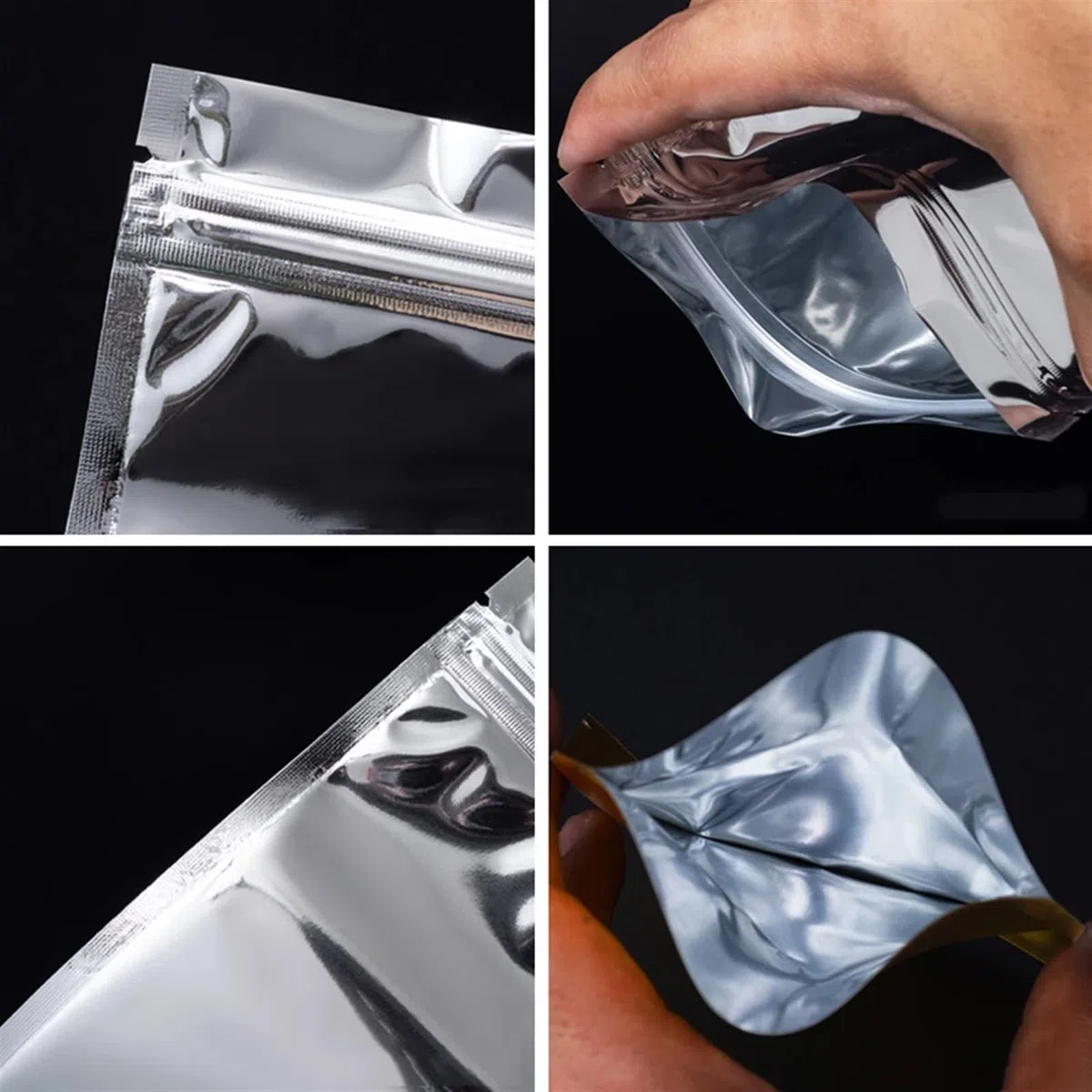 Sacs en Mylar, Lot de 100 sachets en Aluminium Mylar argentés à Fermeture éclair, Auto-agrippants, à Encoche déchirable, for Aliments, café moulu, thé, Bonbons(18x26cm)