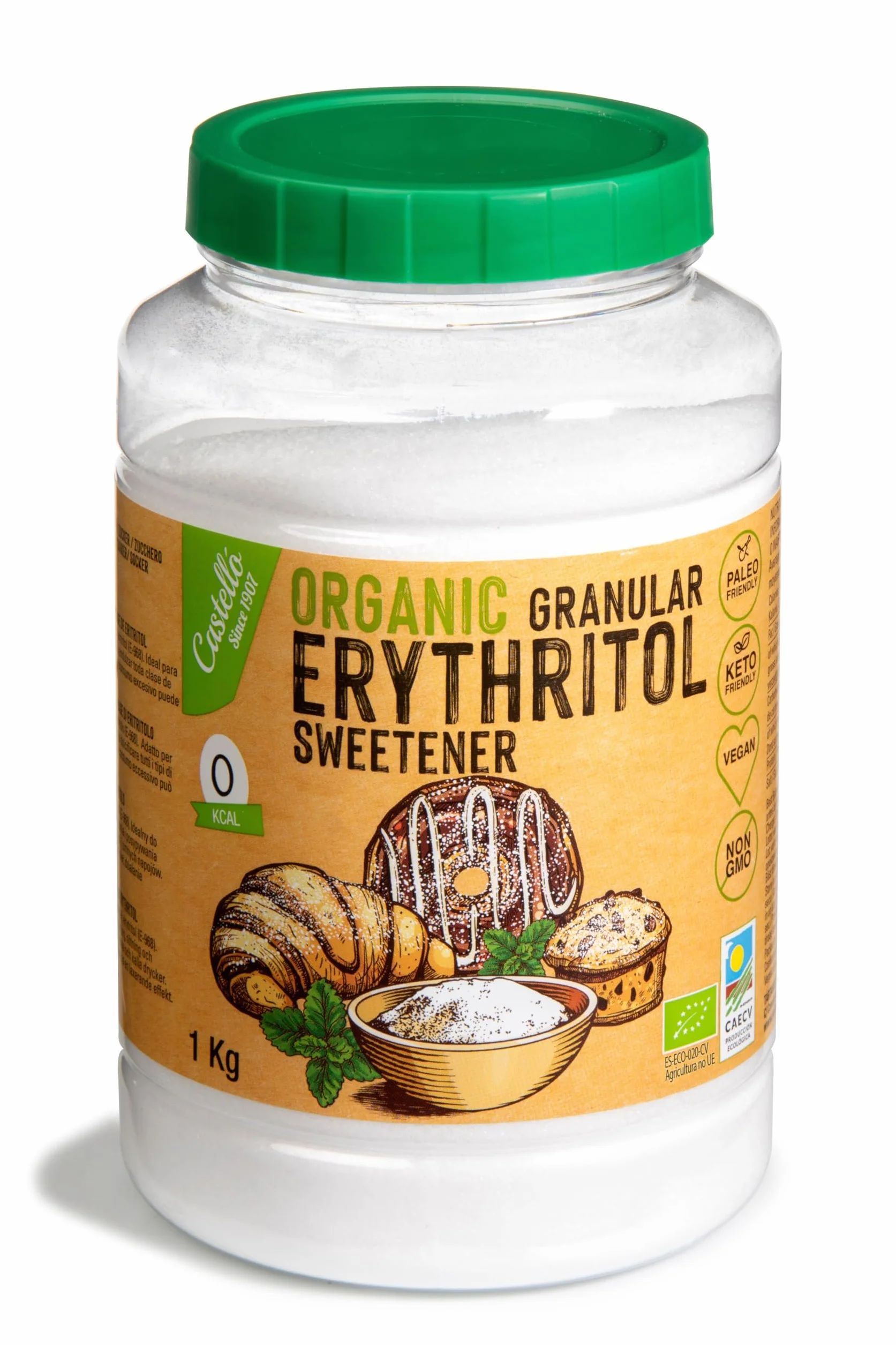 Castello since 1907 Erythritol Bio 1 kg - Substitut du Sucre | 10g = 7g de Sucre, Substitut du sucre 100% Naturel, Keto et Paleo, 0 Index Glycémique - 0 Calories - 0 Glucides Nets