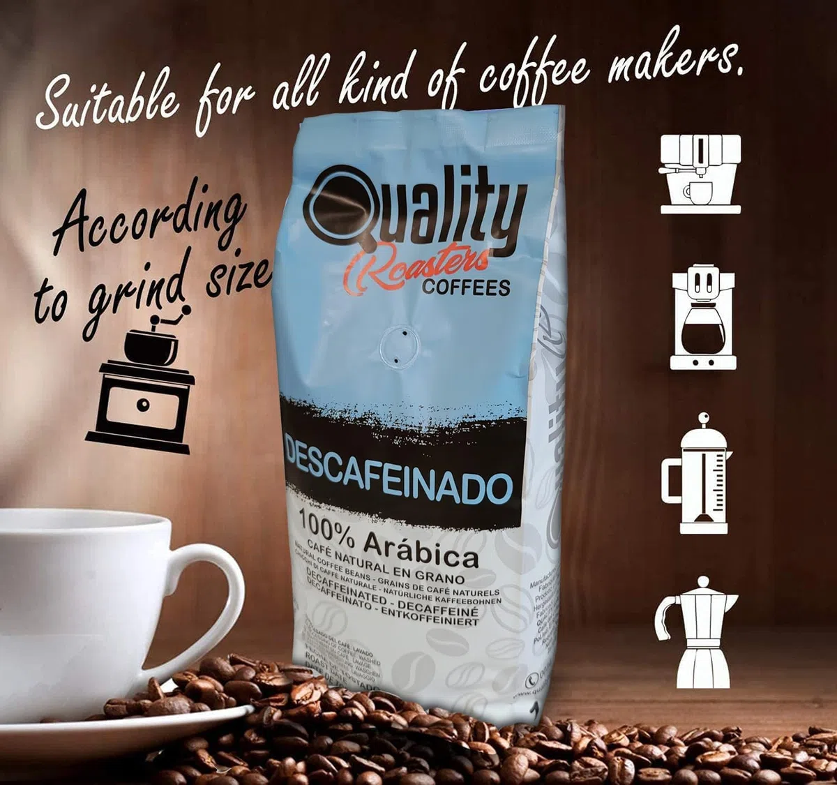 Quality Roasters Coffees. Café en grain naturel, décaféiné, 100 % arabica, torréfaction moyenne, torréfaction artisanale, 4 kg.
